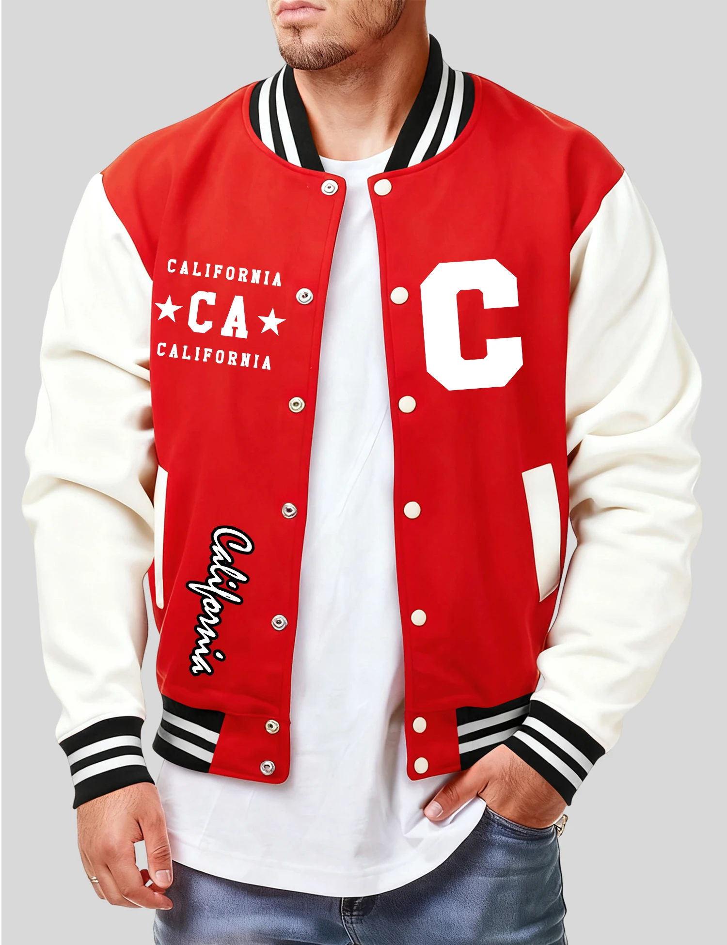 

California And Art Letter C Print Men Baseball Jacket Fashion Retro Streetwear Fleece Loose Jersey Unisex All-Match Autumn Coat