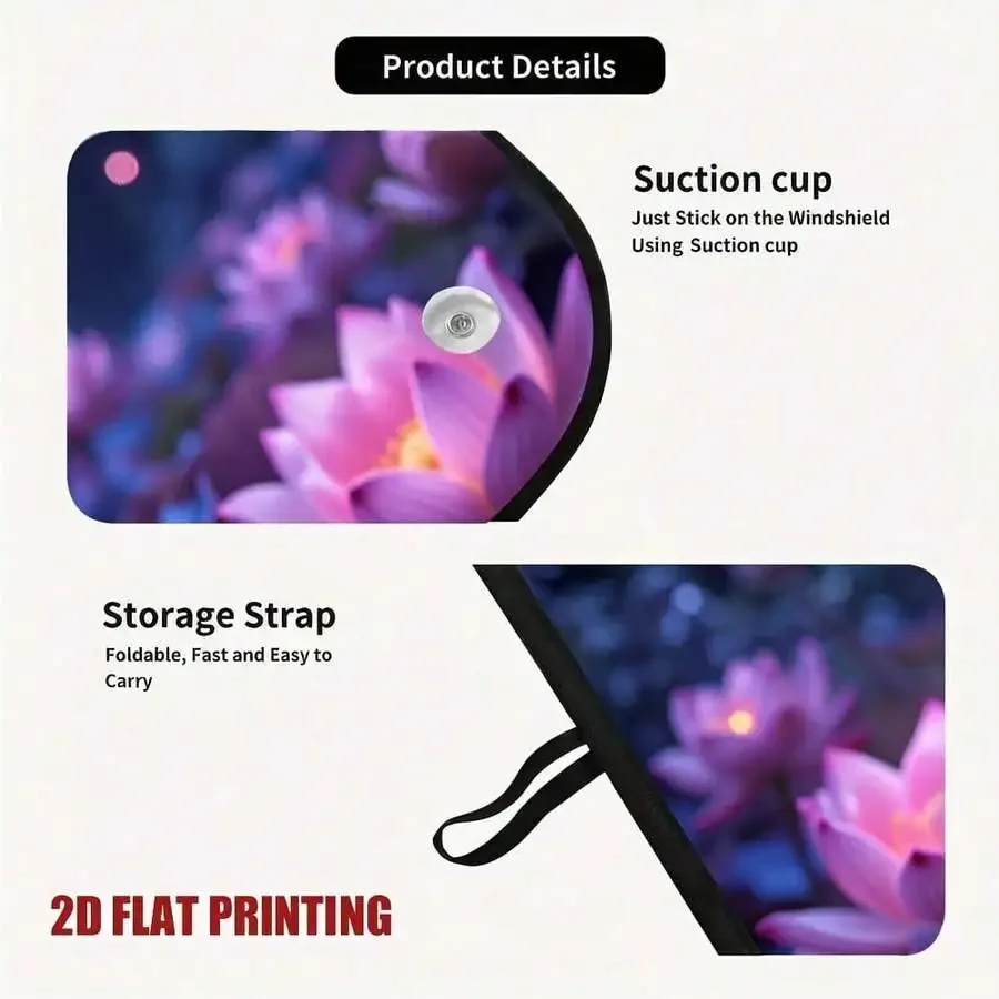 

2D Flat Printed Car Windshield Sunshade With Suction Cup And Storage Strap