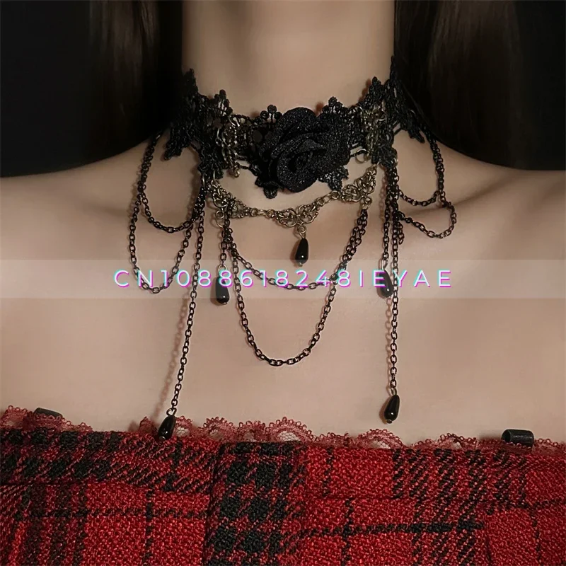 

Halloween Black Lace Flower Fringed Necklace Female Goth Necklace Chocker Collar Neck Accessories