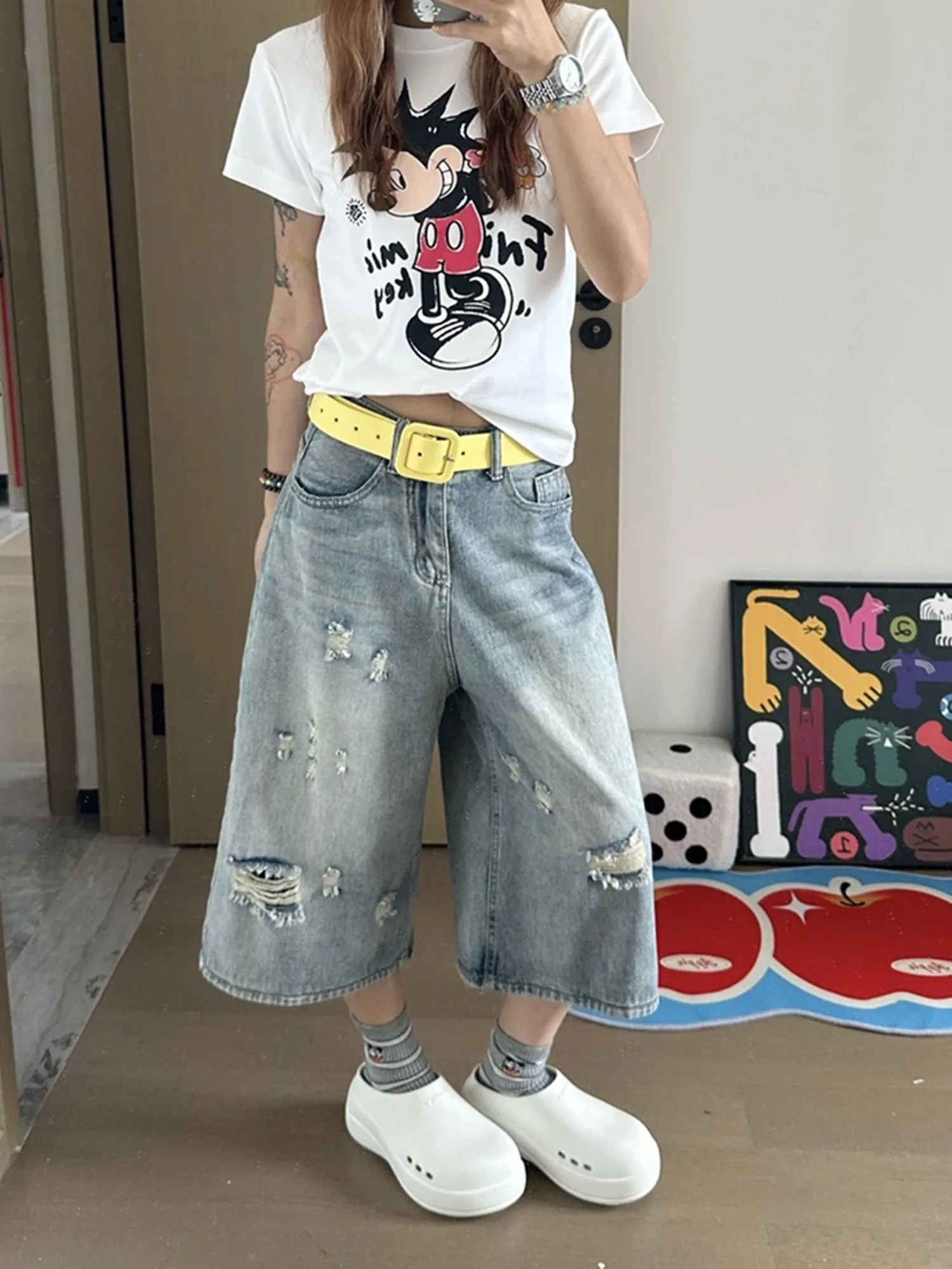 

American Retro Hole Seven-Five Denim Jeans Women Summer High Waist Slim Eight-Five Middle Pants Wide Leg Six-Pine Short Pants