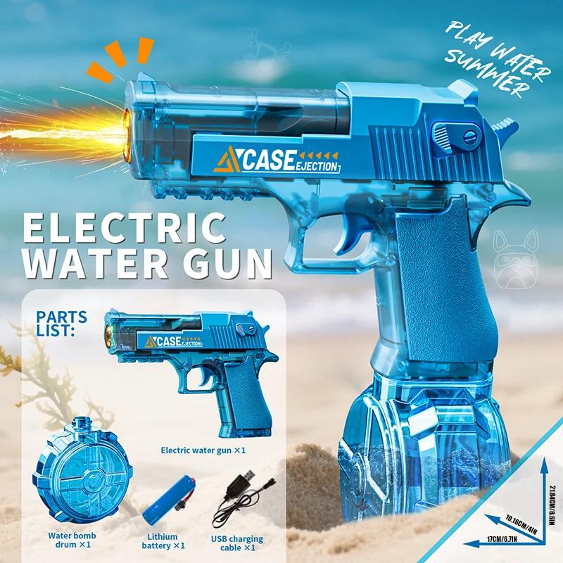 Elektrisch blauw waterpistool, automatisch spuit met pistool Realistisch pistool Snuitvlam Zomer buitenstrand Zwembadfeestspeelgoed