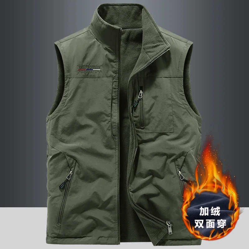 

Men's Reversible Fleece Vest Jackets Water-resistant Cargo Waistcoat Multi-pockets Functional Outdoor Hiking Colete Tatico