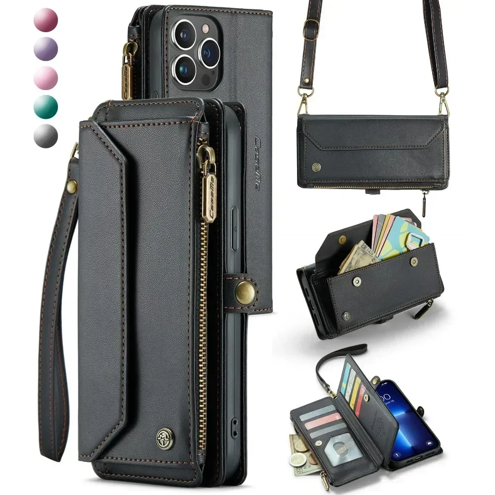 Echte Crossbody Portemonnee Telefoonhoesje Voor Iphone 16 15 14 13 12 Pro Max Plus Promax Kaartsleuf Houder Lanyard Lederen Hoes