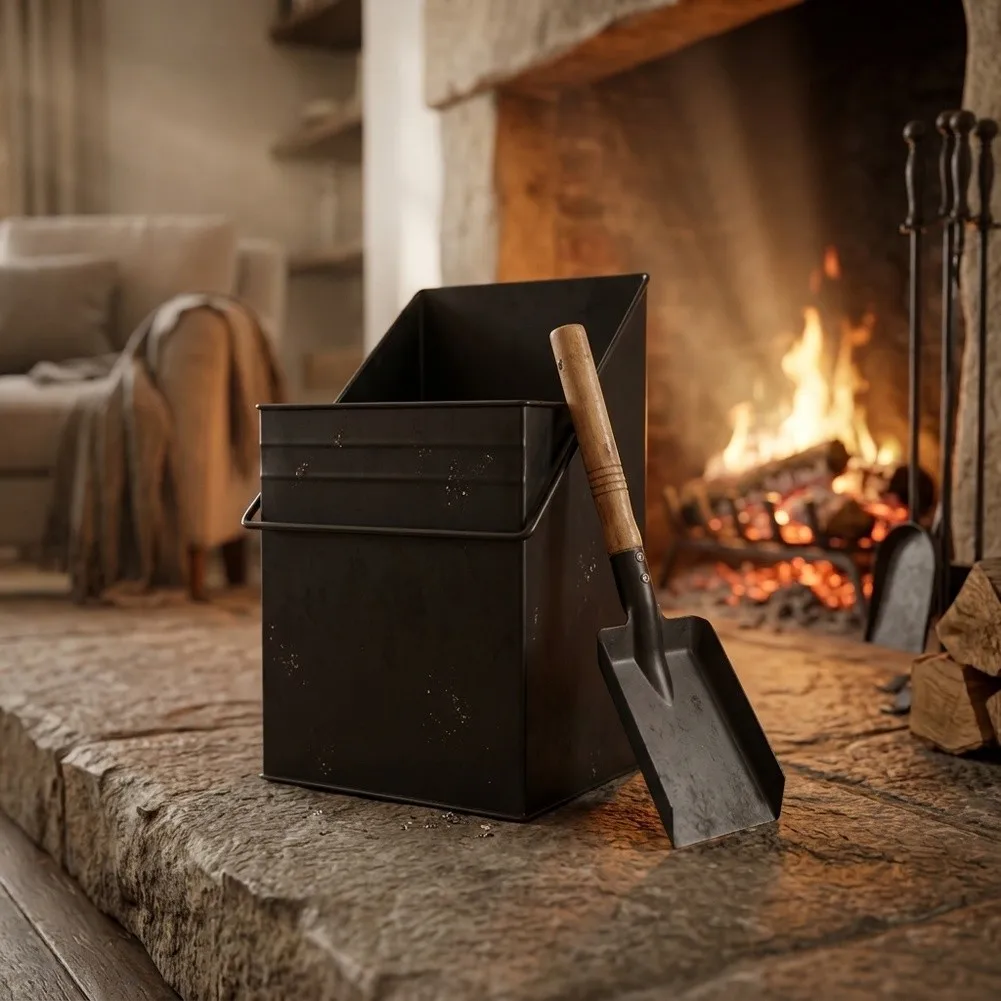 Black Iron Fireplace Accessories Set Including Ash Bucket and Slant Square Shovel for Efficient Post Fire Cleanup Tasks