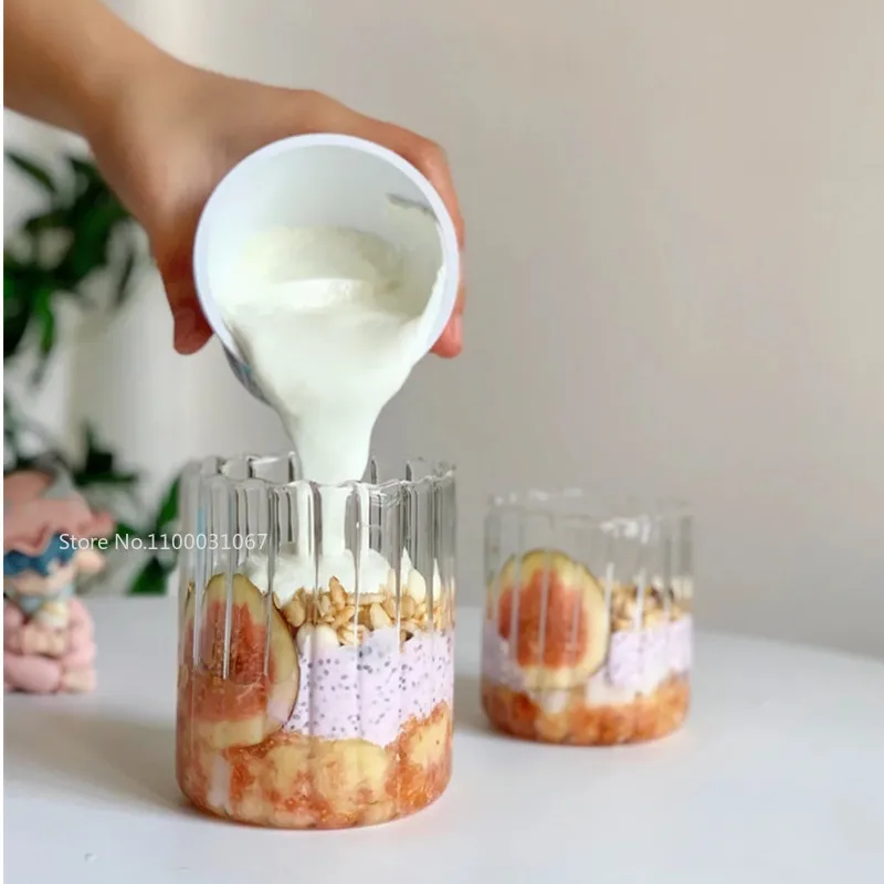 Stripe Glass Mug Creative Large Milk Juice Water Coffee Cup with Handle Transparent Mug Dessert Oatmeal Breakfast Cup