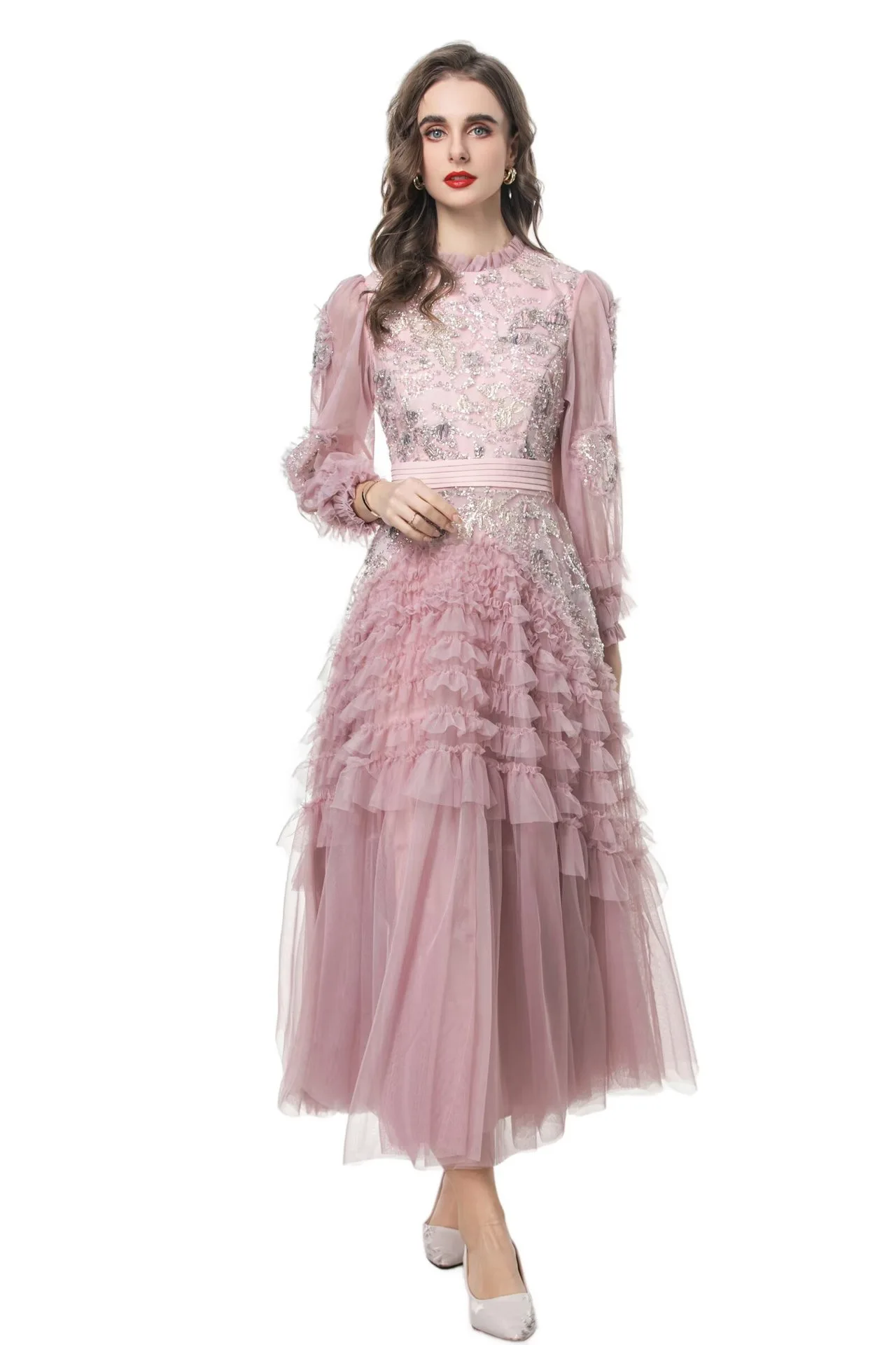 

Pink Ruffles Sequins Long Dress For Party Women Dress Long Sleeve High Waist Elegant Dress