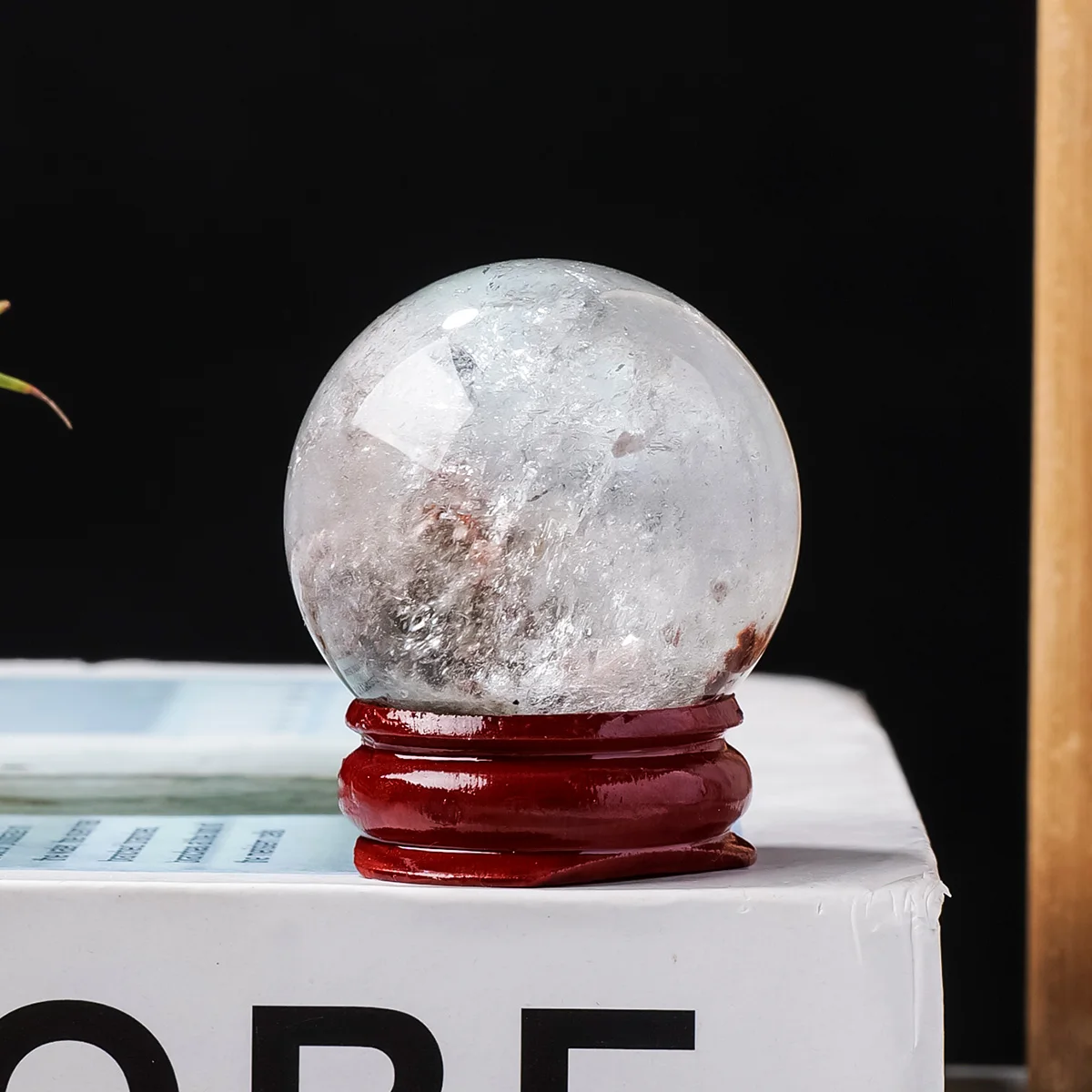 1PC Green Phantom Quartz Crystal Ball Natural Inclusion Crystal Sphere With Wooden Base Home Healing Stone Decor