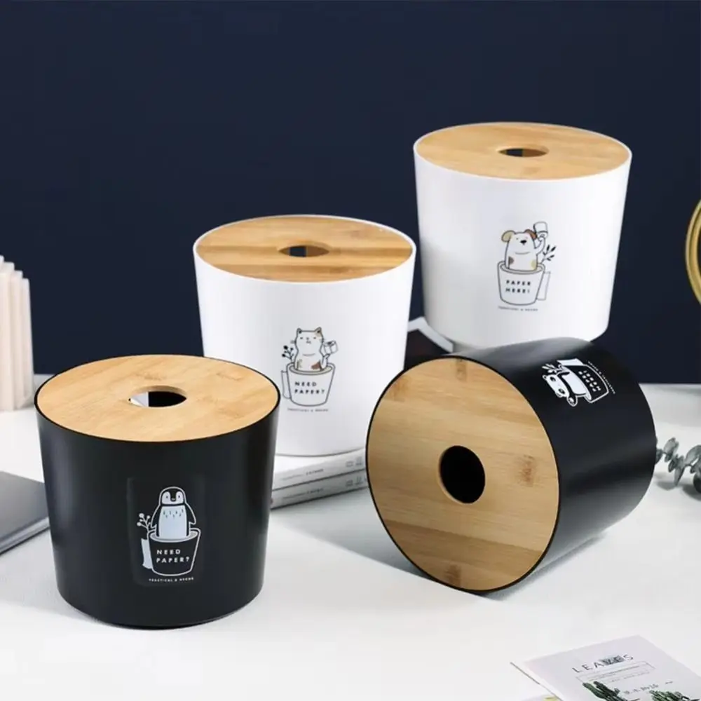 

Large Capacity Tissue Storage Box Round Space-saving Roll Paper Box Simple Style Wooden Cover Napkin Holder Case Living Room