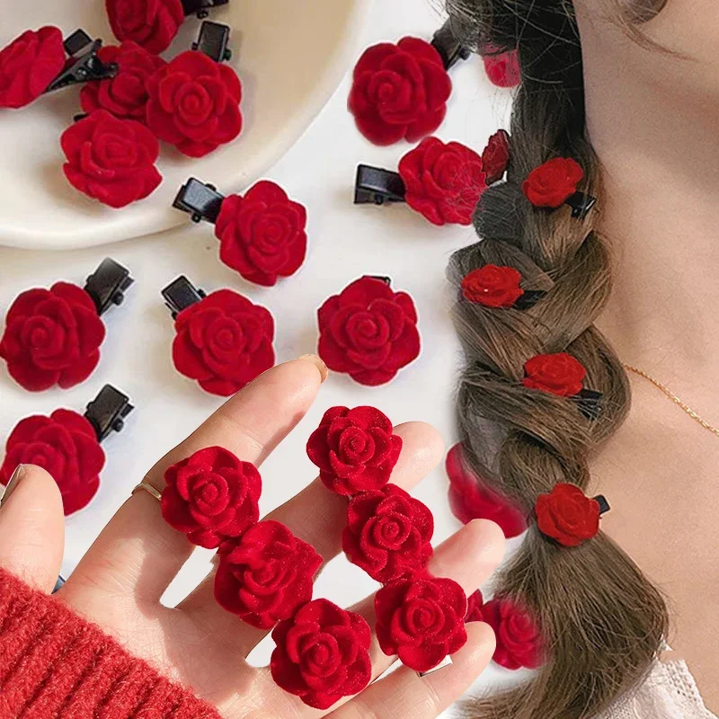 5/10pcs Velvet Rose Fashion Sweet Flower Hairpin Hair Clip French Romantic Girl Bang Barrette Wedding Bride Headwear Accessories