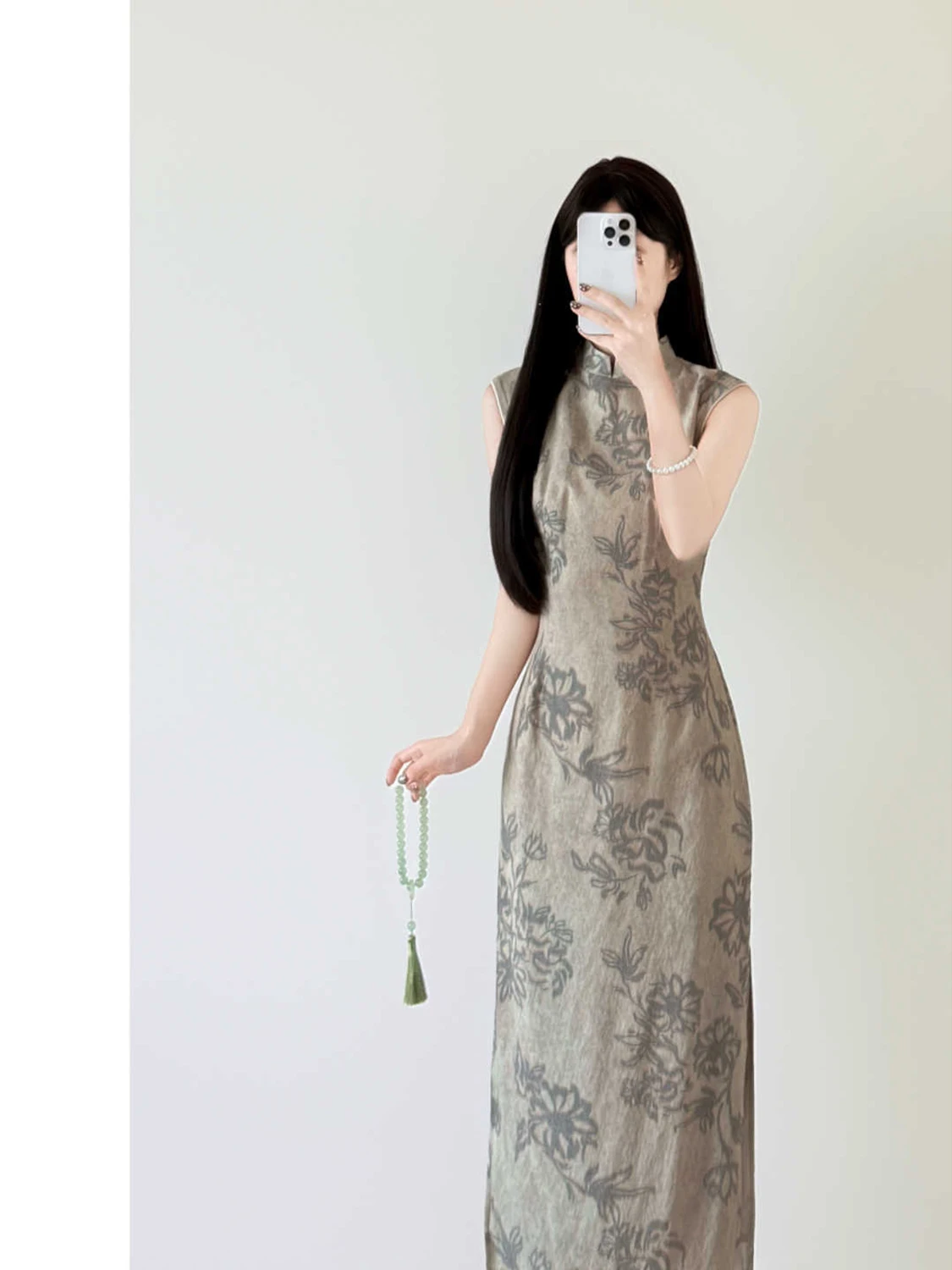 エレガントな中国風ノースリーブドレス洗練された痩身ヴィンテージデイリーチャイナドレスロースリットポリエステル繊維ミッドレングススカート