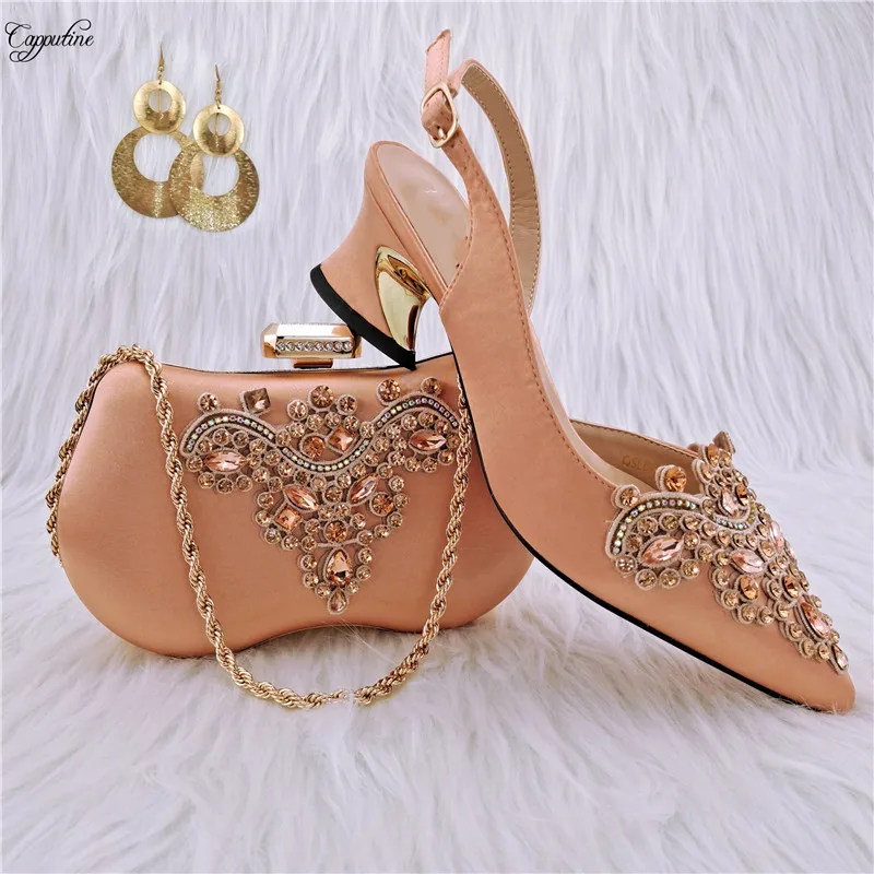 

Peach Woman Shoes And Purse Bag Set Luxury Italian Design Ladies Pumps Matching With Clutch Handbag Escarpins Femme QSL060