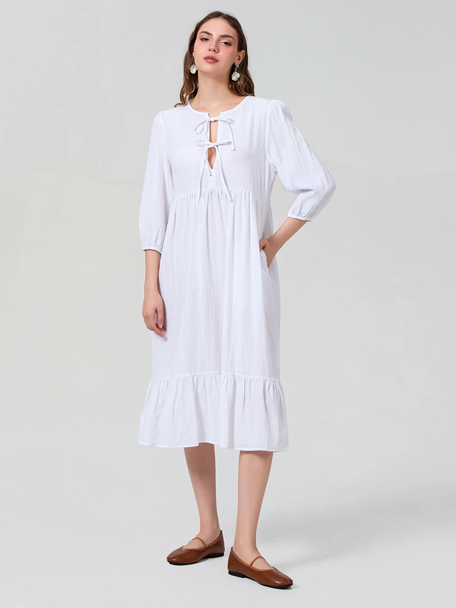 فستان نسائي طويل بلون سادة برباط أمامي فستان فضفاض صيفي كبير سوينغ 3 4 كم فستان كاجوال