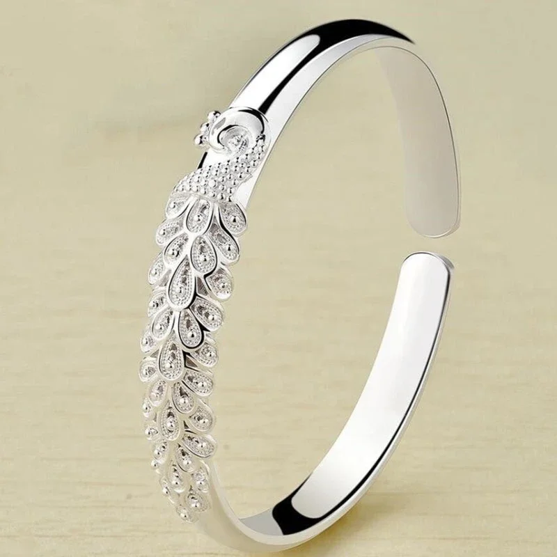 925 Sterling Silver Original Bracelets For Women Luxury Designer Peacock Opening Screen Bangle Party Wedding Accessories Jewelry