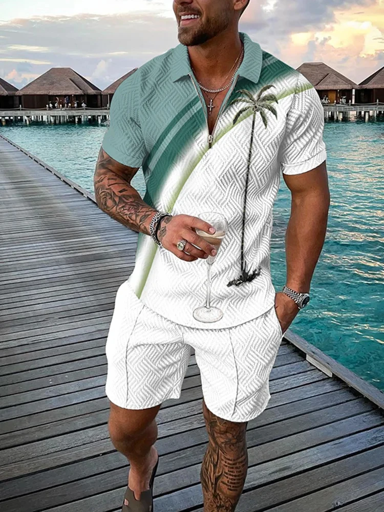 New Summer Beach Coco 3D Printed Men\'s Sweatsuit set Casual Zipper Collar Polo Shirt And Shorts 2pcs Sets Fashion Man Clothing