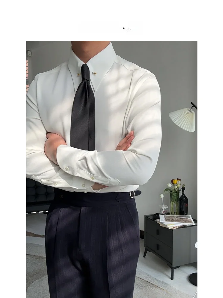 

Белая рубашка с воротником-стойкой в итальянском ретро-стиле, без заутюживания, приталенная, деловая, для мужчин