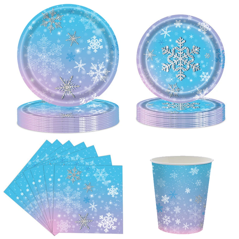 Beautiful Snowflake Tableware Christmas Plates Frozen Birthday Party Supplies Snow Ice Freeze Theme Parti Supplies Baby Shower