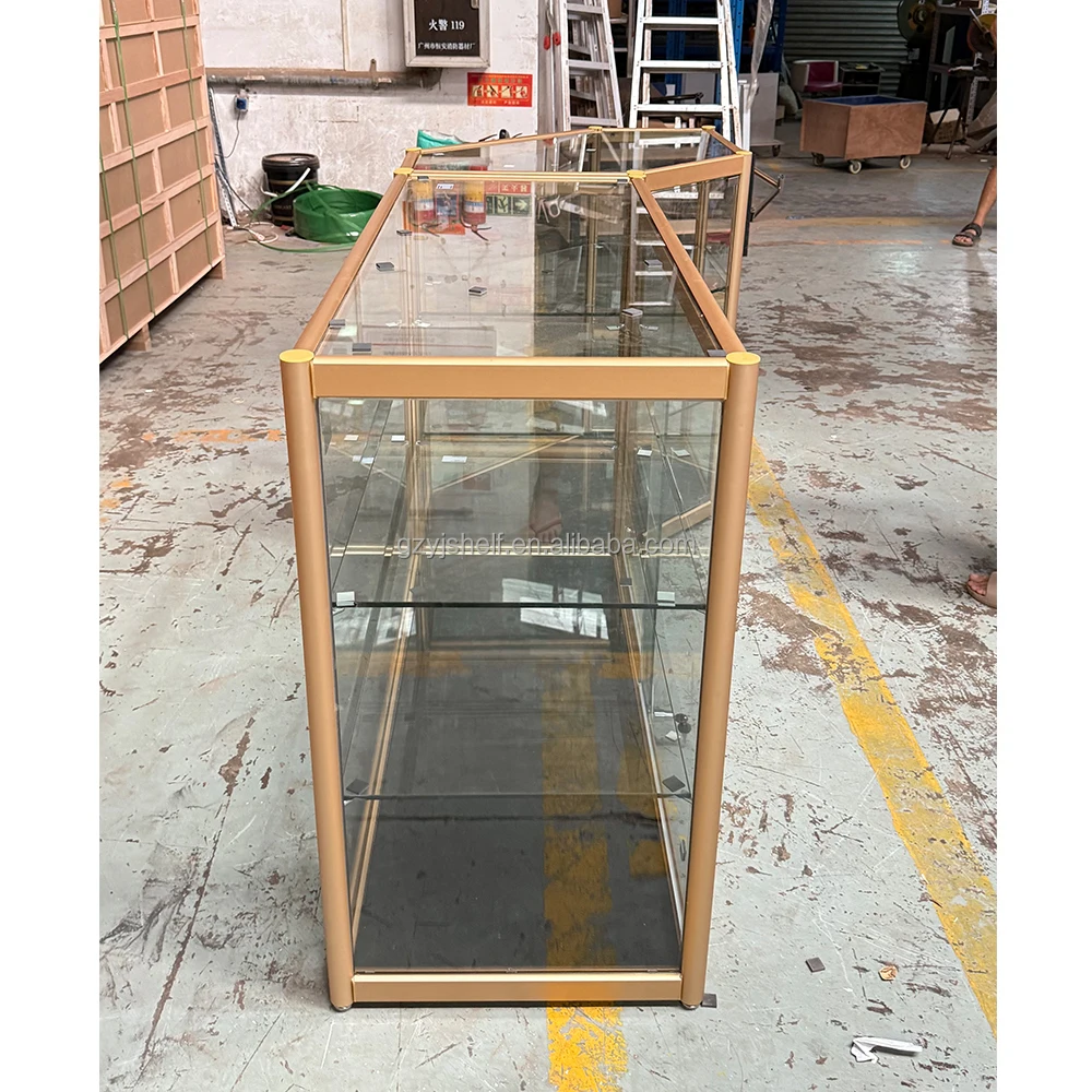 Custom.Customized High End Popular Full Vision Gold Metal Frame Style Glass Jewelry Kiosk Glass Display Cabinet for Shopping Mal