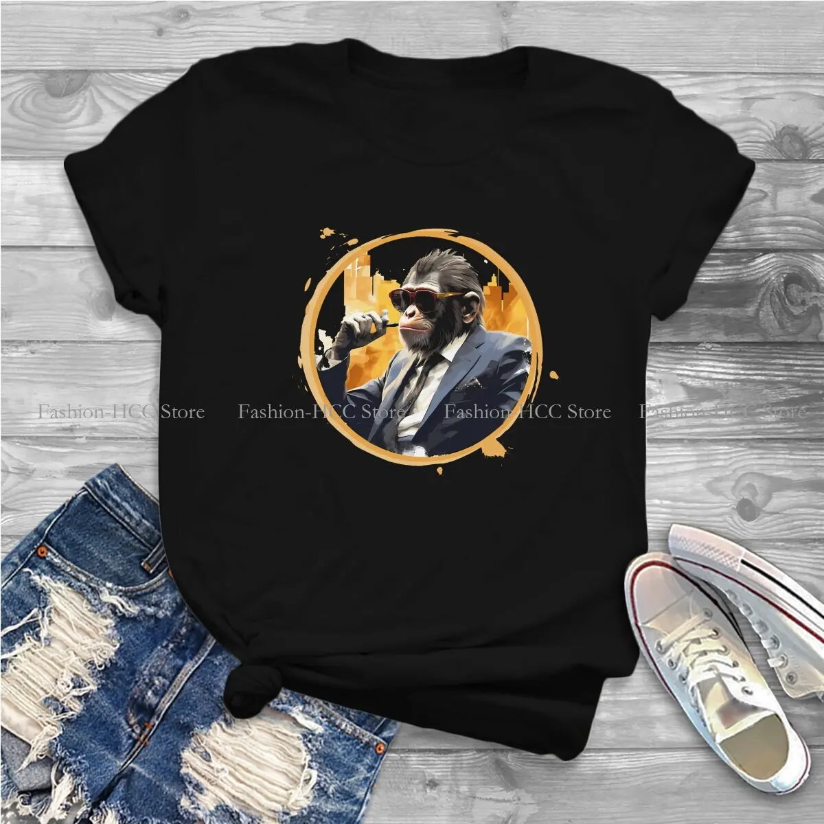 Wear A Suit And Sunglasses Hip Hop Polyester TShirt Monkey Business Creative Tops Leisure T Shirt Female Short Sleeve