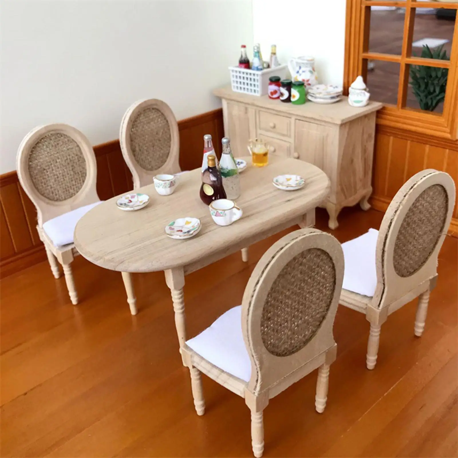 Mini Table Chairs Set Ornaments Multipurpose Wooden 1:12 Furniture Model for