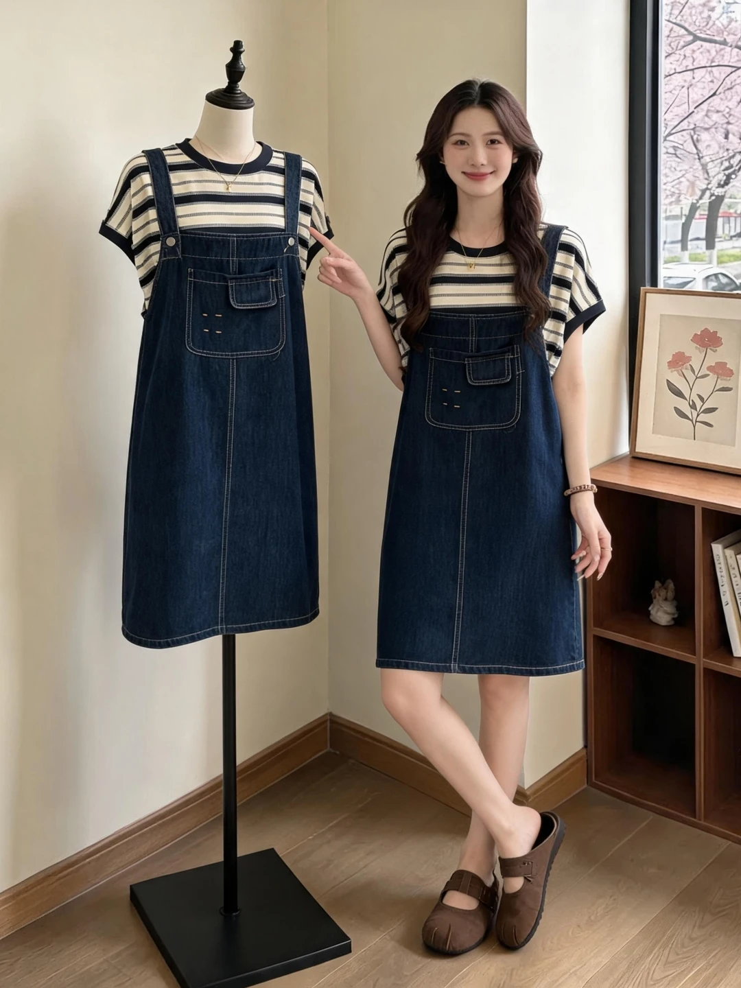 

plus Size Slimming Denim Halter Dress Set Women Summer Anti-Aging Striped Top And Skirt Two-Piece Set Korean Style Commute
