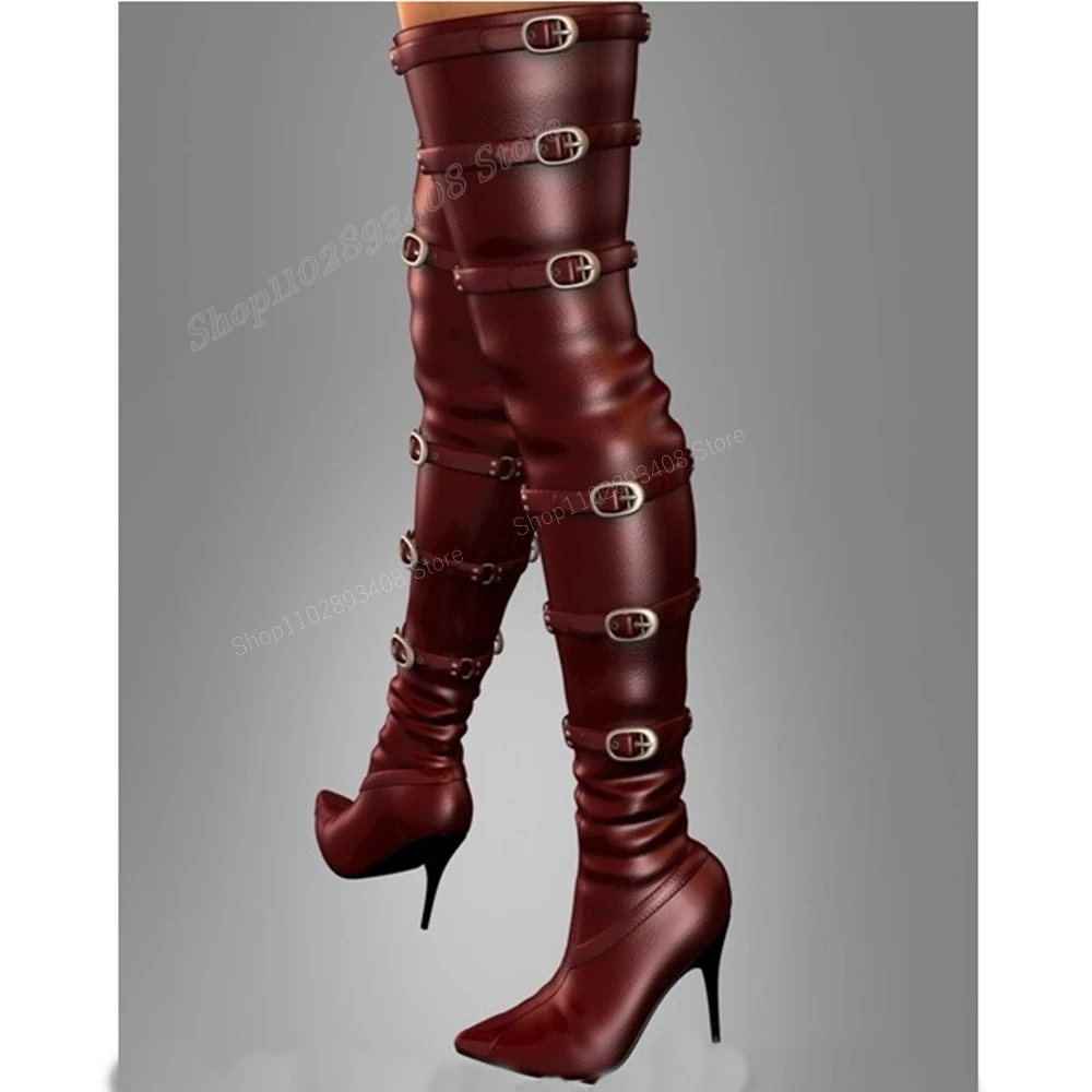 Schwarze matte Leders chnalle Gürtel über dem Knie Stiefel elastische Stiletto High Heel sexy Damenschuhe neue Zapatos Para Mujere