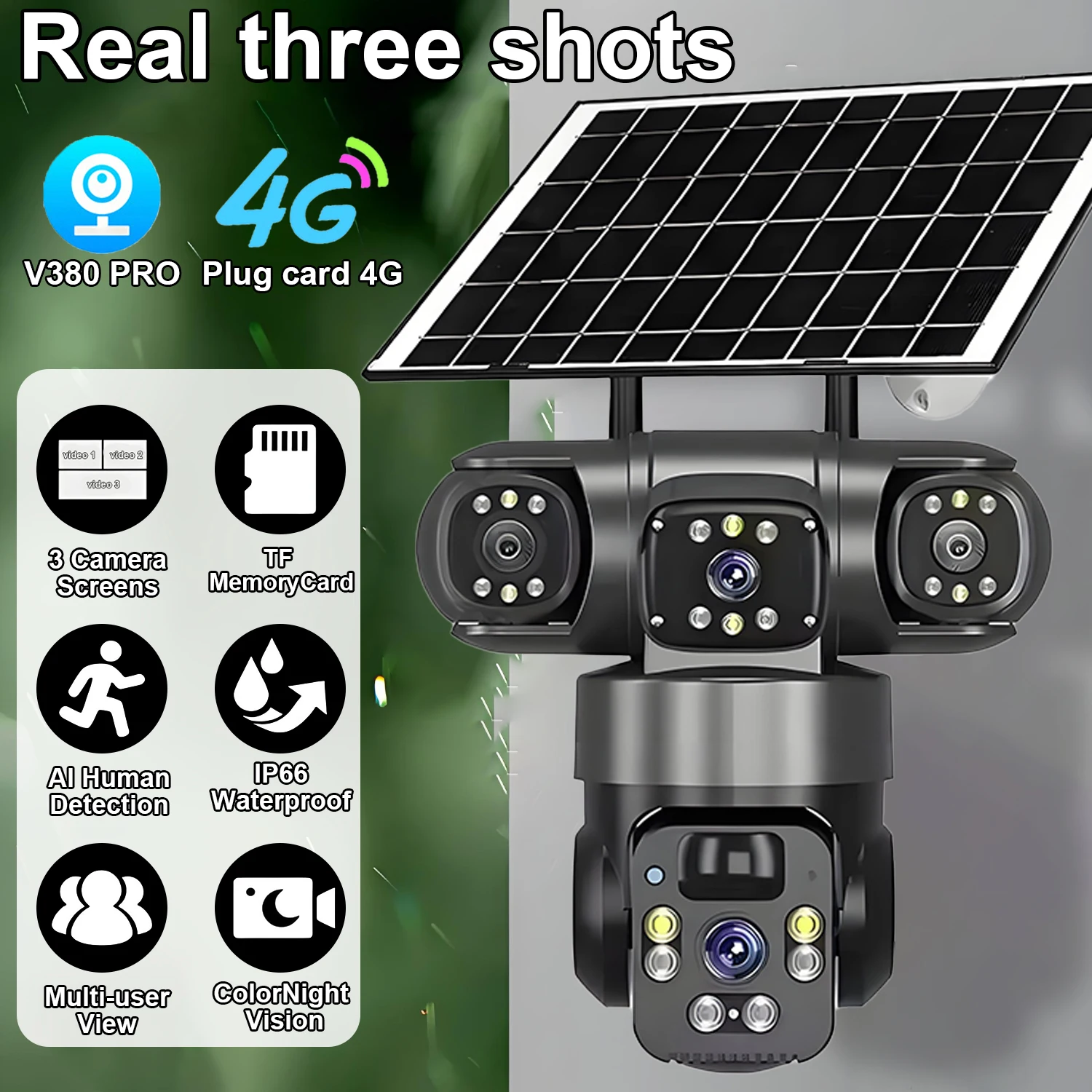 

Wi-Fi солнечная камера уличная 12MP тройной объектив тройной экран монитор безопасности водонепроницаемая цветная камера ночного видения 4G