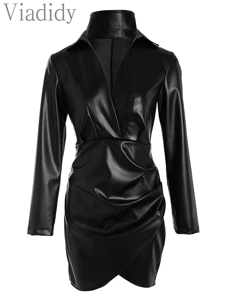 PU Leather Turndown Collar Low Cut Long Sleeve Ruched Bodycon Dress