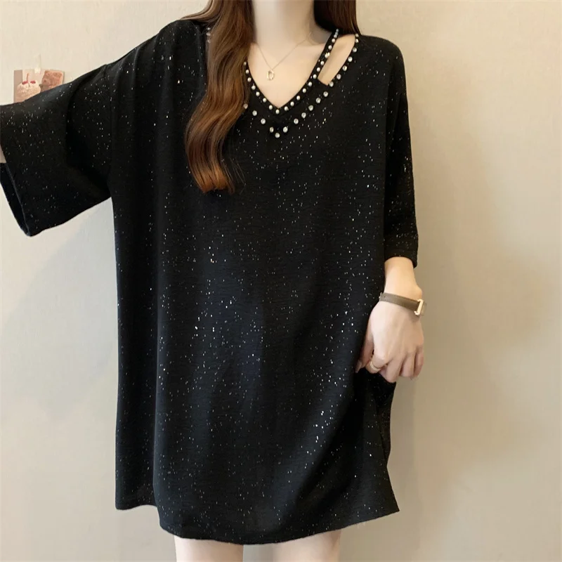 

Lazy Style Women's T-shirt V-neck Loose Casual Top Spring Summer New Arrival plus Size European Fashion Comfortable Base Shirt