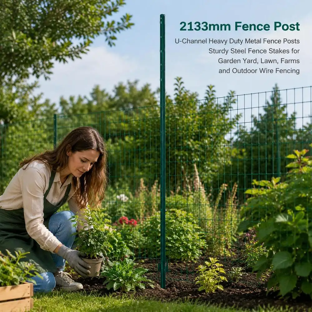 Poteaux de clôture de 2,13 m, lot de 10 poteaux en T, poteaux de clôture en métal robustes, poteaux de clôture en acier résistants pour jardins, pelouses, fermes et clôtures extérieures en grillage, couleur verte.