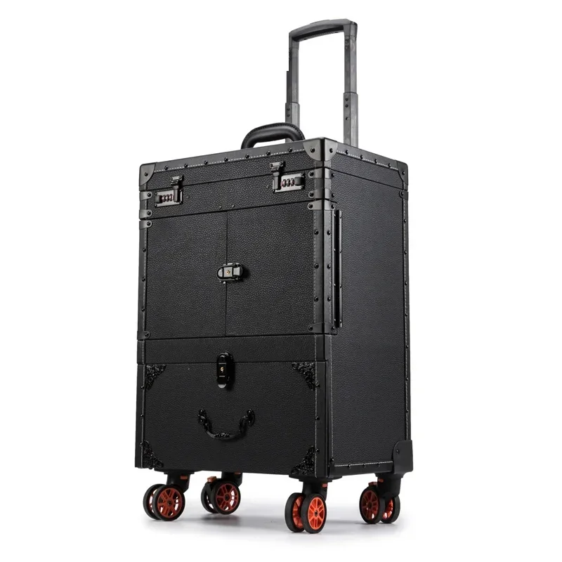 

-Punk Hairdressing Toolbox Trolley Luggage Bag Nail Black Retro Grandma Salon Drawer Professional Makeup Tool Box Large Suitcase