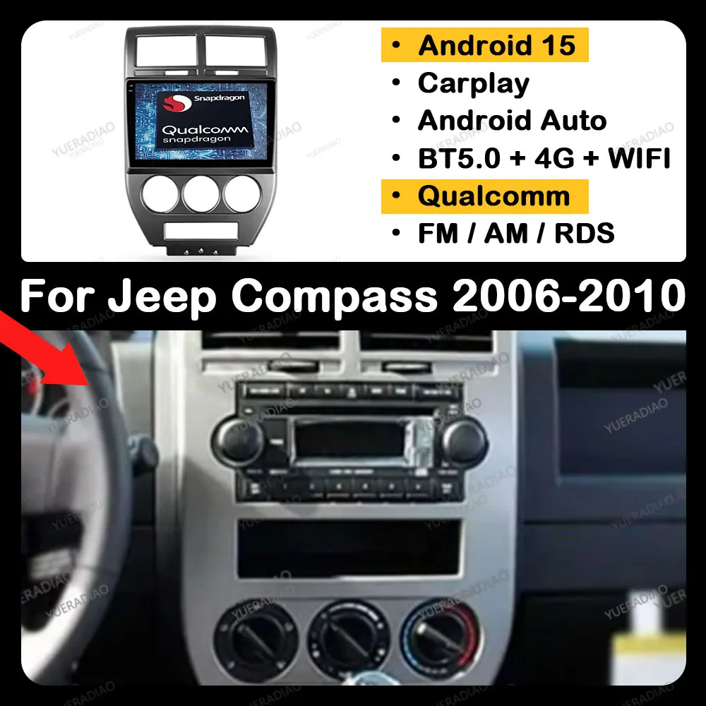

Автомобильный радиоприемник Android 15 для Jeep Compass 1 MK 2006-2010 Мультимедийный видеоплеер Qualcomm Головное устройство 2DIN 4G WIFI QLED BT GPS NAVI