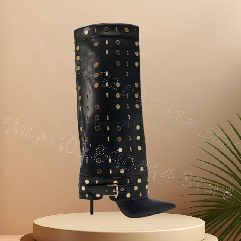 Gold Rivets Buckle Black Turned Over Boots Slip On Women Shoes Thin High Heels Pointed Toe Party Feast 2025 Zapatos Para Mujere