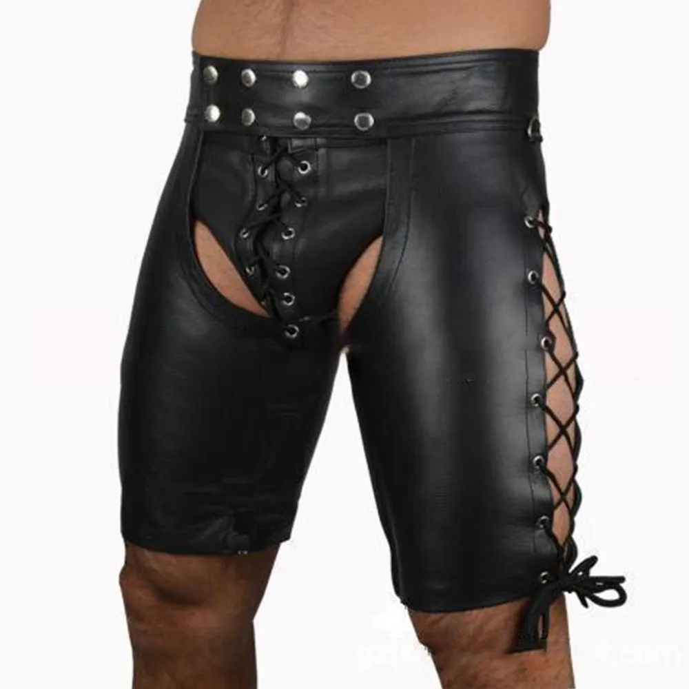 Open Cortch Shorts Men Leather Wet Look Skinny Nightclub Wear Lace Up Fetish Short Pants Sexy Lingerie Gay Punk Costumes