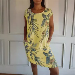 Summer New Fashion Print Casual Sleeveless For Women's Dresses Vintage Loose Elegant Female Pocket Sundress