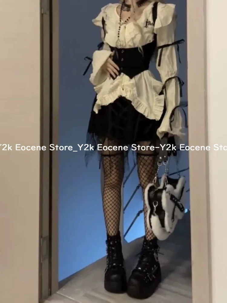 Subculture Vintage Lace Ruffle Trim Bow Tie Backless Blouse Women Slim Fit Long Sleeve Y2k Streetwear Female Trendy Casual Tops