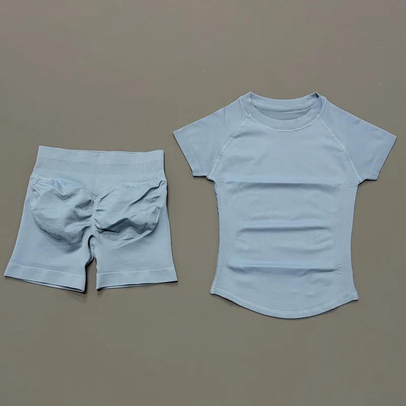 2 Piece Workout Outfit for Women HISTELLO Seamless Gym Set with Shorts - Cornflower Blue