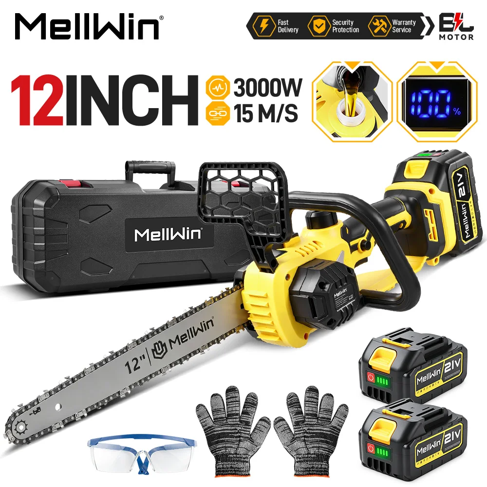 MELLWIN 12-Zoll bürstenlose Hochgeschwindigkeits-Elektrosäge, tragbare elektrische Kettensäge zum Holzschneiden und Holzfällen, kompatibel mit Makita 18V Akku.