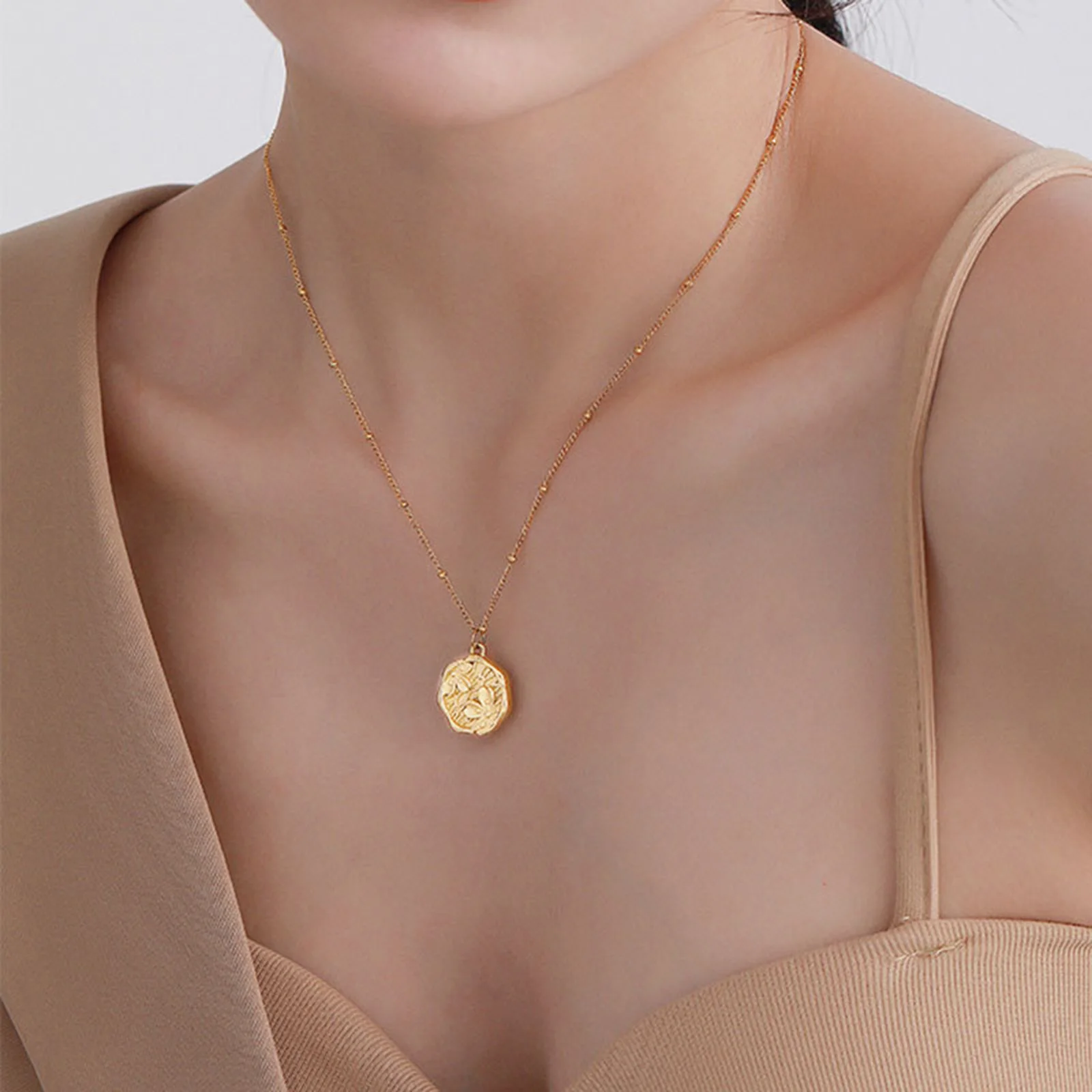 Coin Pendant Flower Necklace for Women,Satellite Chain Link, Stainless Steel 14k Gold Plated Jewelry Not Fade