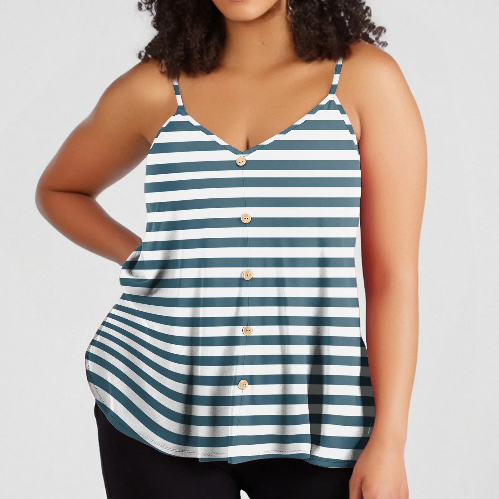 

Женская летняя свободная майка больших размеров, повседневная полосатая майка с принтом, жилет без рукавов с регулируемыми бретелями и пуговицами