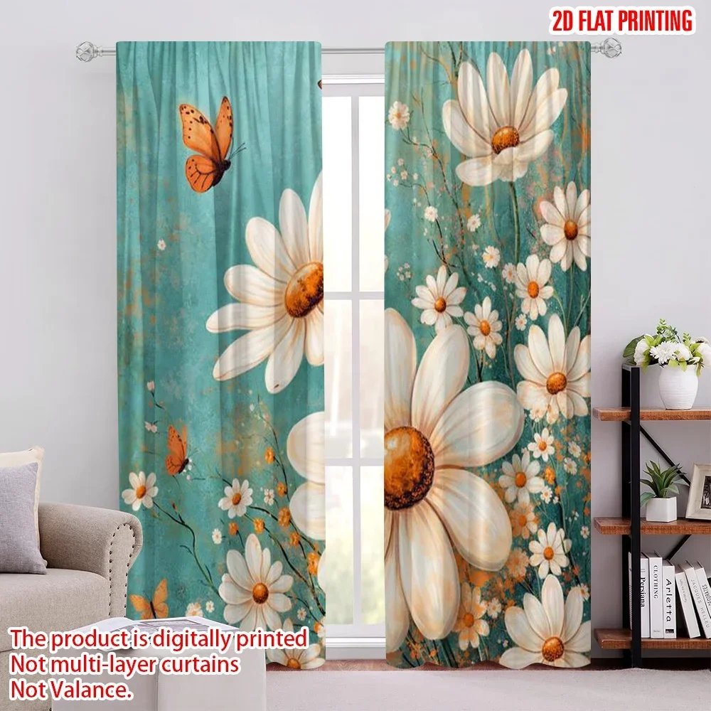 Floral Daisy Print Curtains Cottage Core Farmhouse Style Window Drapes Romantic Butterfly Pattern Nursery Decoration Home Curtai
