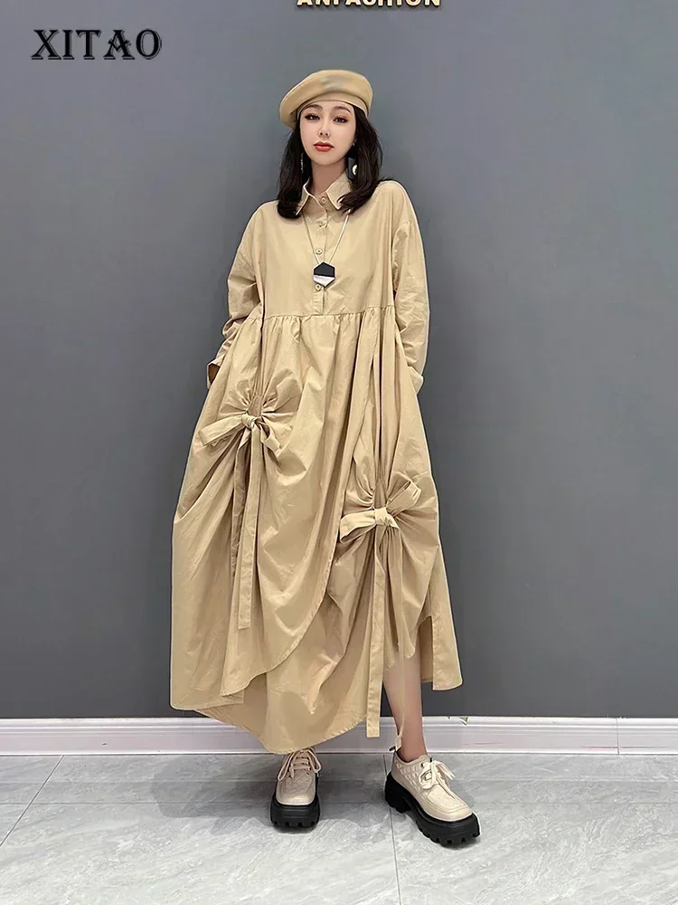 XITAO Irregular Folds Shirt Dress Solid Color Pleated Splicing Bow Hem Spring Long Sleeve Turn-down Collar Shirt Dress WLD8722