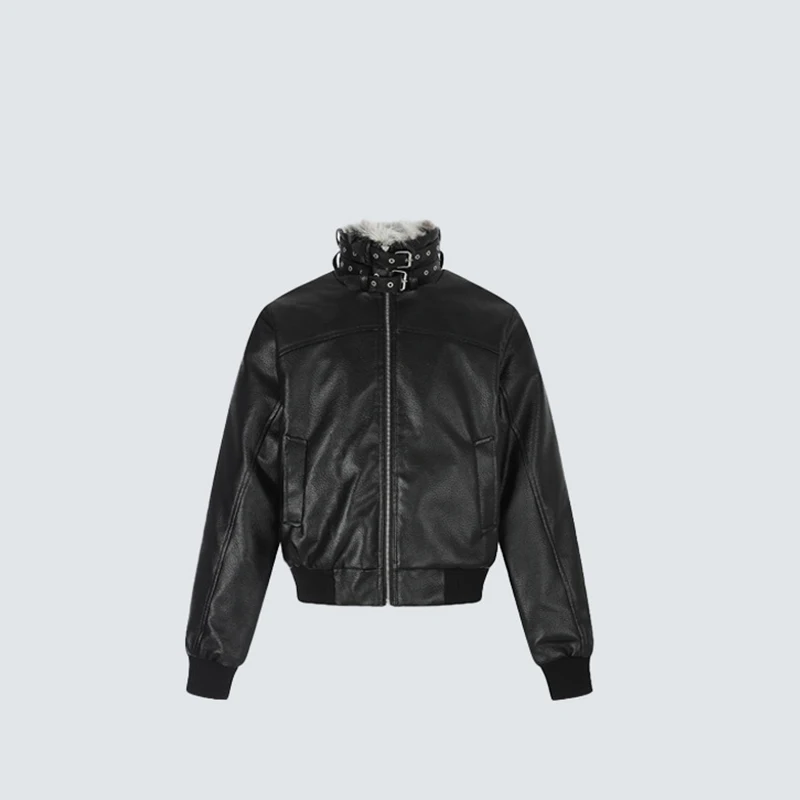 American Punk Metal Buckle Strap Stand Collar Leather Jacket For Men And Women Thick Fur Lining Casual Cotton Jacket