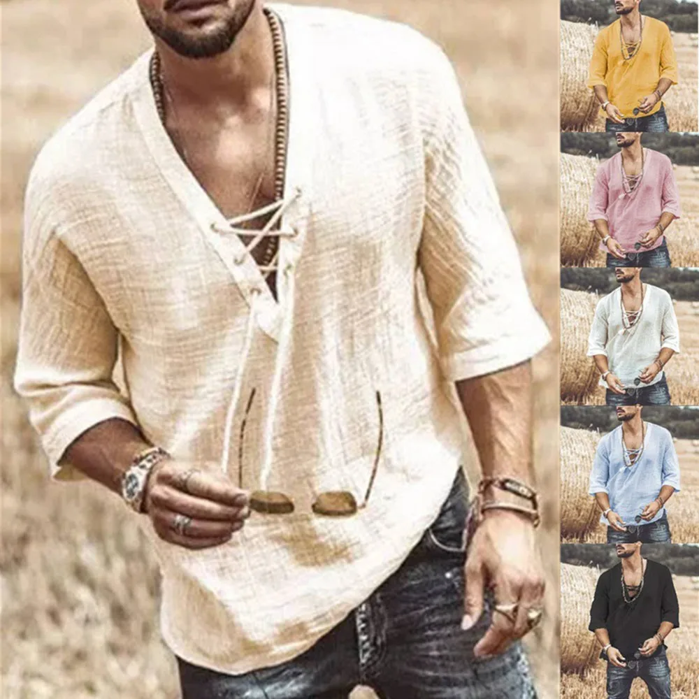 

New Men Casual Retro V-Neck Drawstring Street Shirt Casual Loose Tee T-Shirt Blouse Tops Solid Color 3/4 Sleeve Male T-shirt