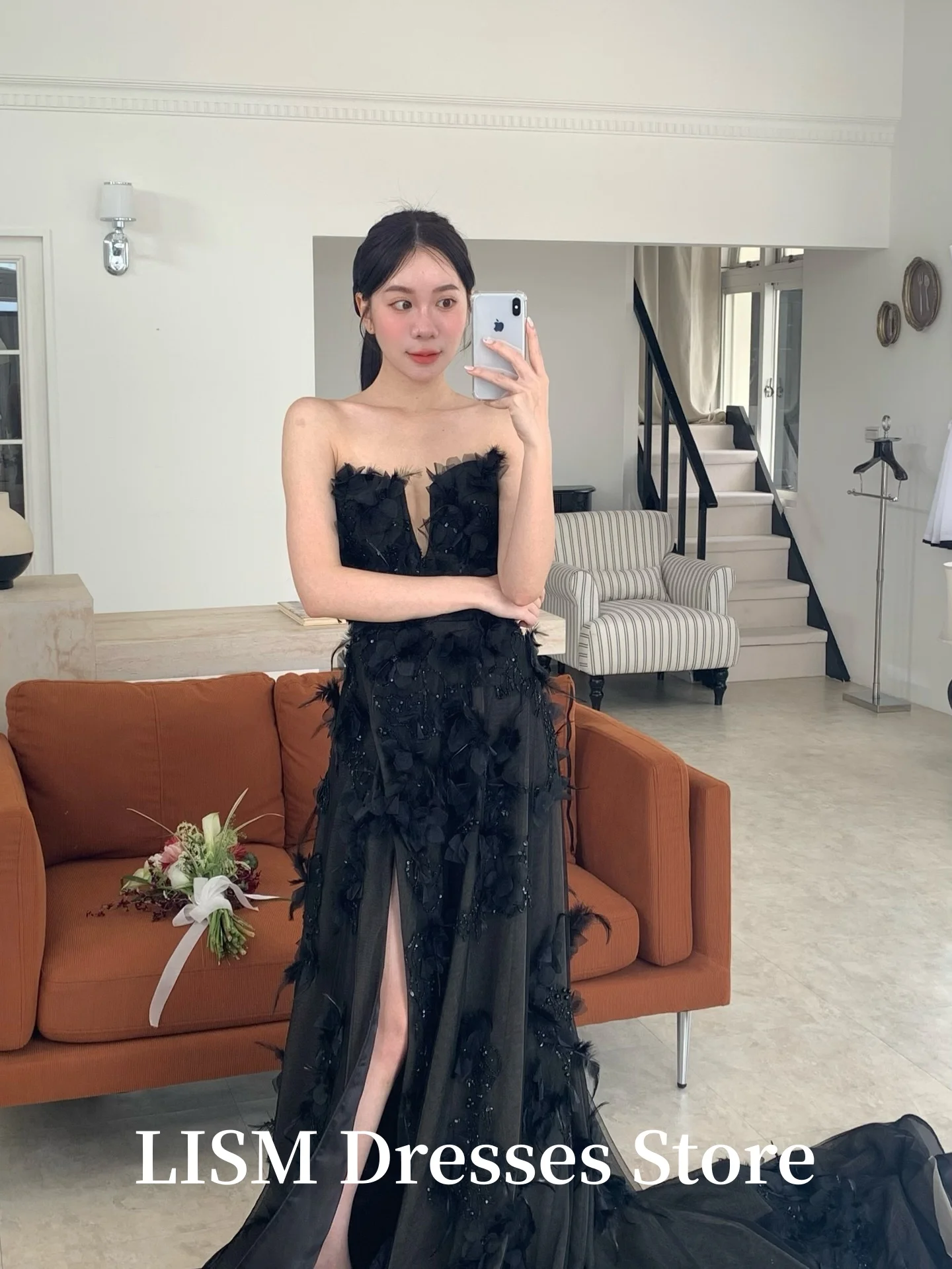 LISM Zwarte Hoge Split Korea Avondjurken A-lijn Sweetheart Party Gelegenheid Jurken Zijde Satijn Applicaties Prom Gown Aangepast