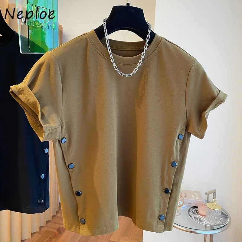 Neploe 2024 Summer New Button Split O-neck T-shirts Y2k Short Sleeve Loose Tee Shirt Fashion High Waist White Tops Women