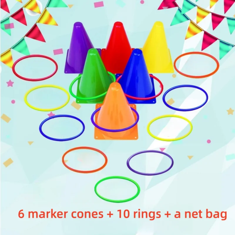 16 PCS 3 in 1 Carnival Outdoor Games Combo Set for Kids, Soft Plastic Cones and Ring Toss Game, Gift for Birthday Party/Xmas