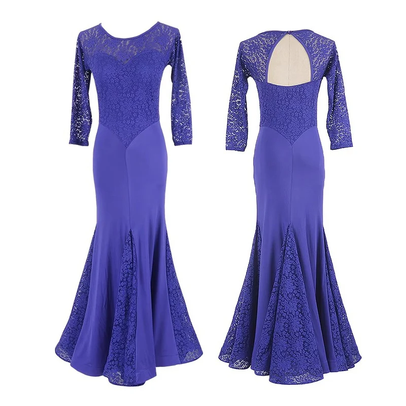 

Professional Standard Ballroom Dance Dress Blue Green Lace Waltz Dancing Clothes Long Sleeves Performance Stage Costume DL6708