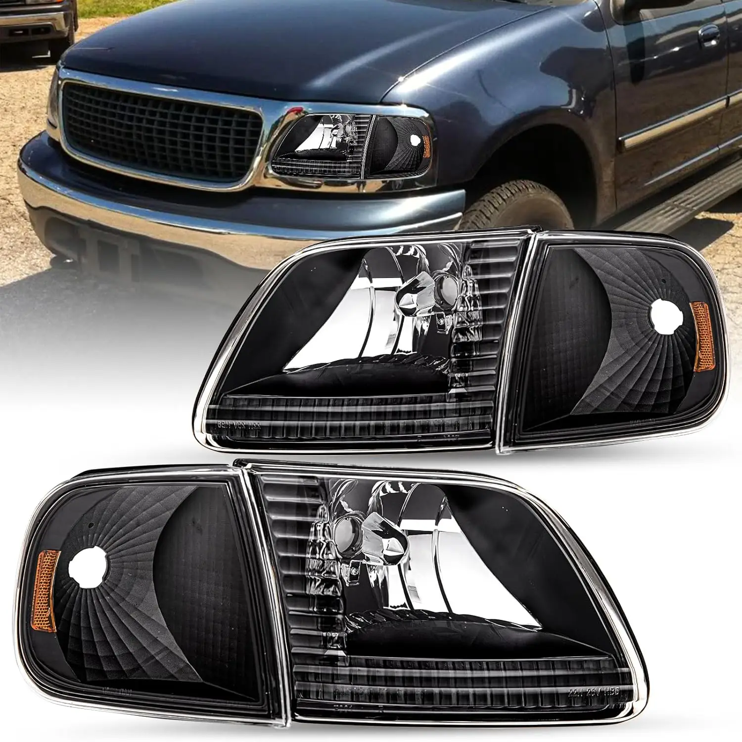 

Headlight Assembly Compatible with 97-03 Ford F-150/97-02 Ford Expedition Headlamp with Corner Light 4pcs, Black Housing with Am