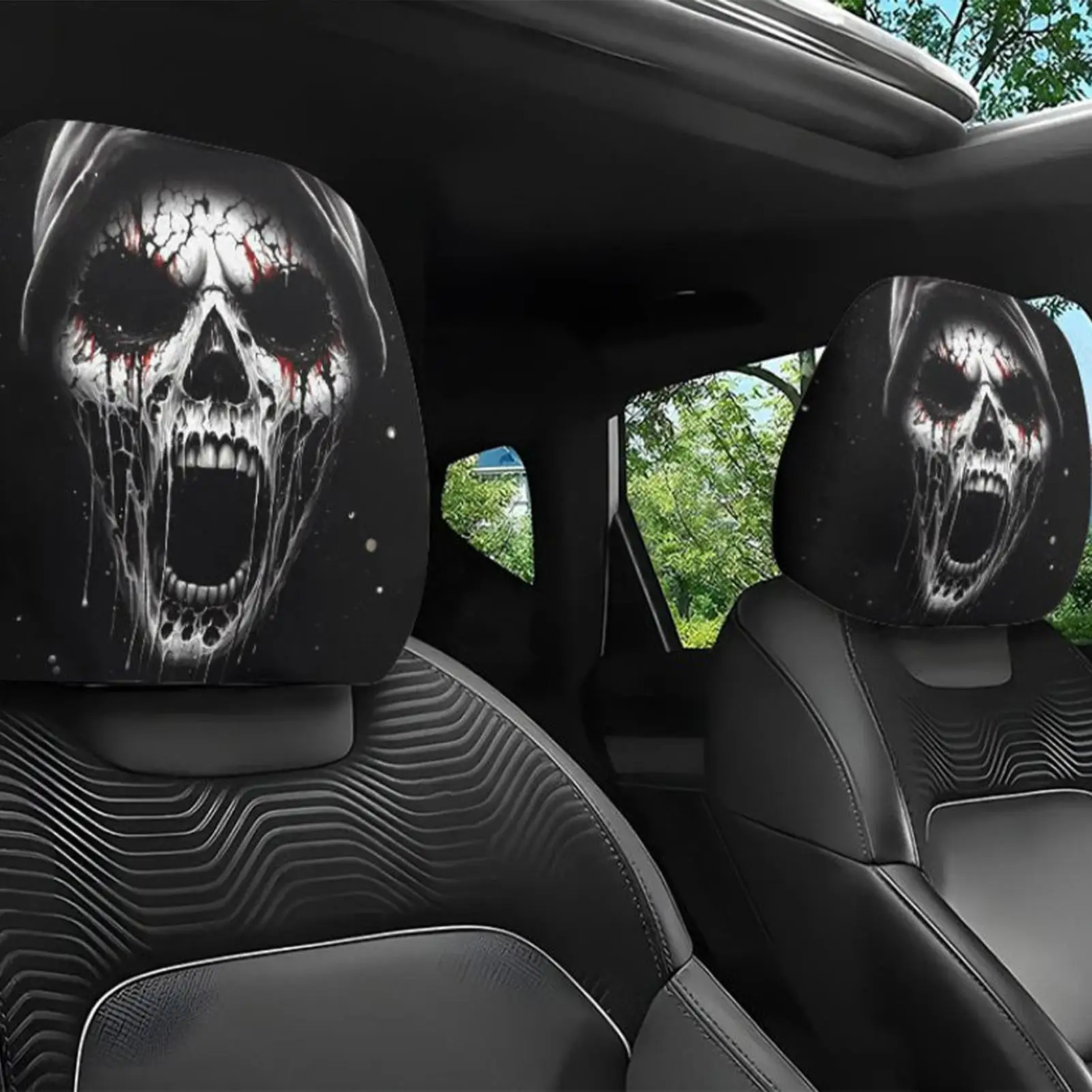 2pcs Horror Theme Printed Car Pillowcase Soft Comfortable Decorative Cushion Cover Auto Seat Headrest Protective Cover