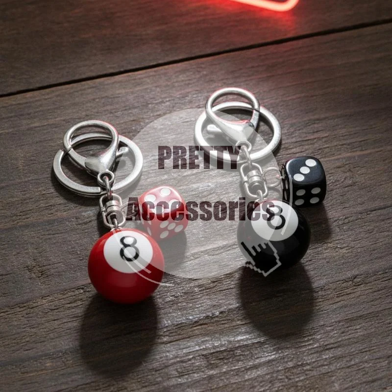 Vintage Style Billiard 8 Ball Dice Keychain Sturdy Metal Clasp Classic Ornament for Car Key Hanging Small Gift